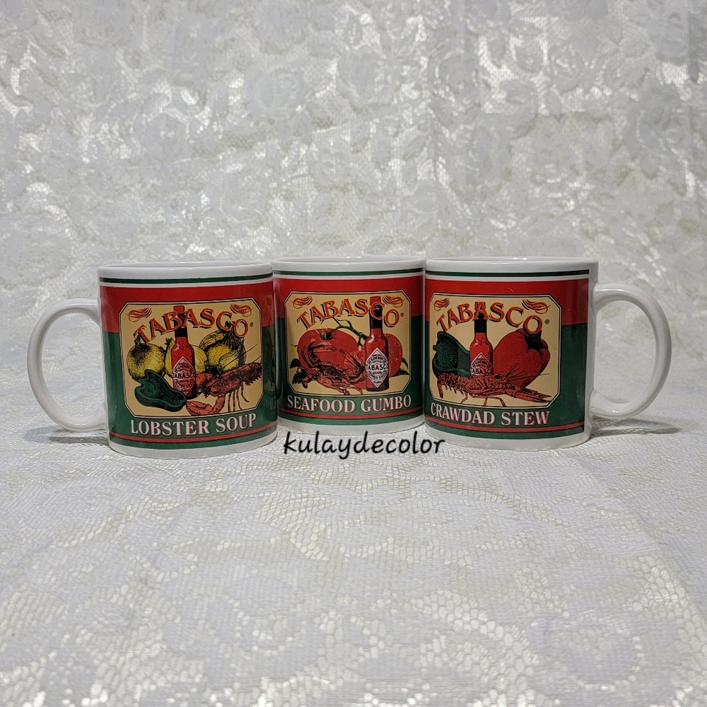 Tabasco Mug Set of 3 Crawdad Stew Seafood Gumbo Lobster Soup Collectible Cups